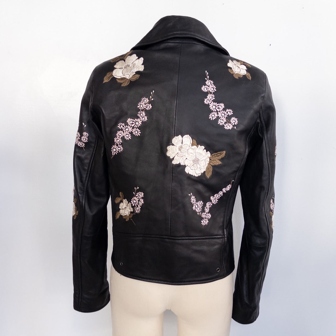 Lamarque Floral Embroidered Leather Biker Style Jacket