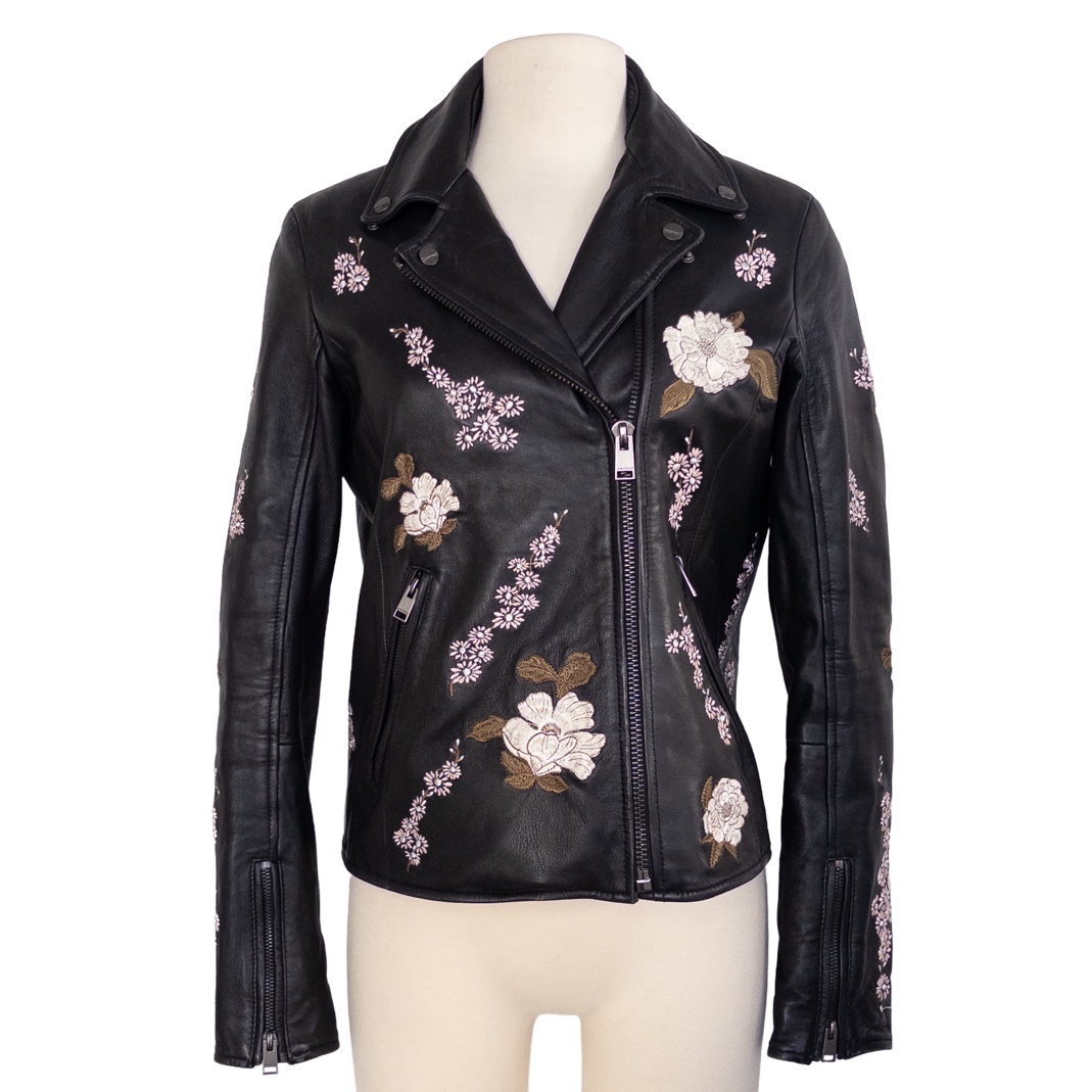 Lamarque Floral Embroidered Leather Biker Style Jacket