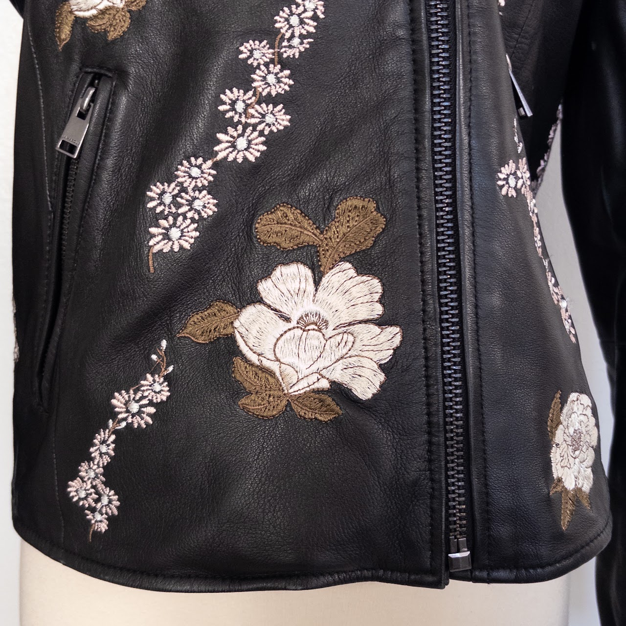 Lamarque Floral Embroidered Leather Biker Style Jacket