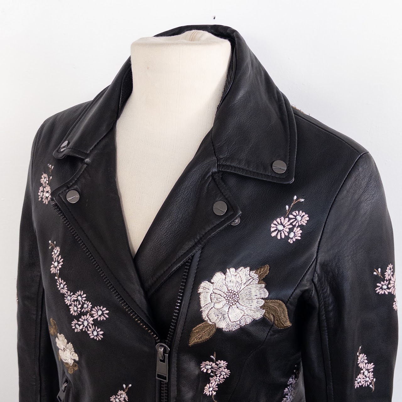 Lamarque Floral Embroidered Leather Biker Style Jacket