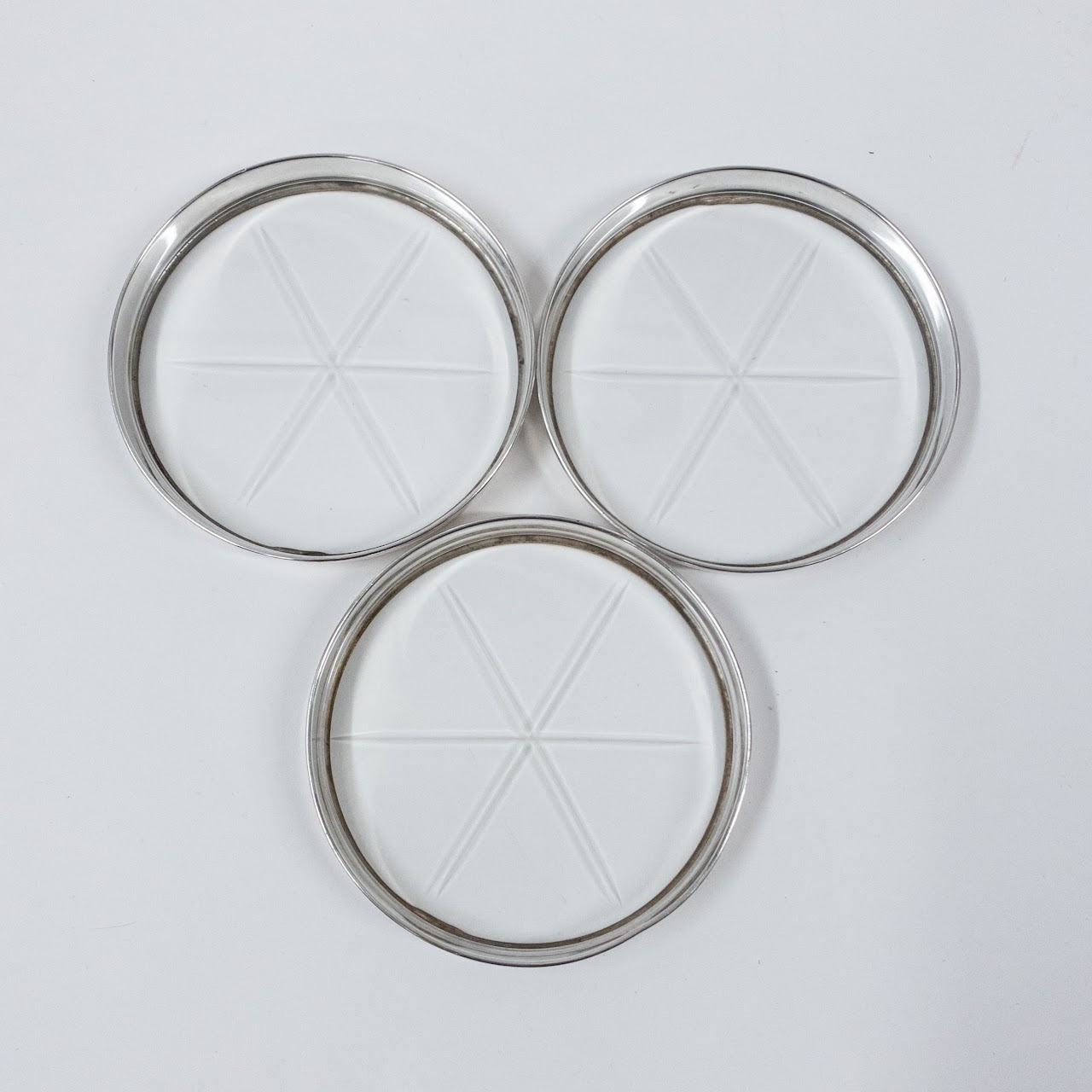 Sterling Silver and Cut Glass Set of Seven Coasters and Holder