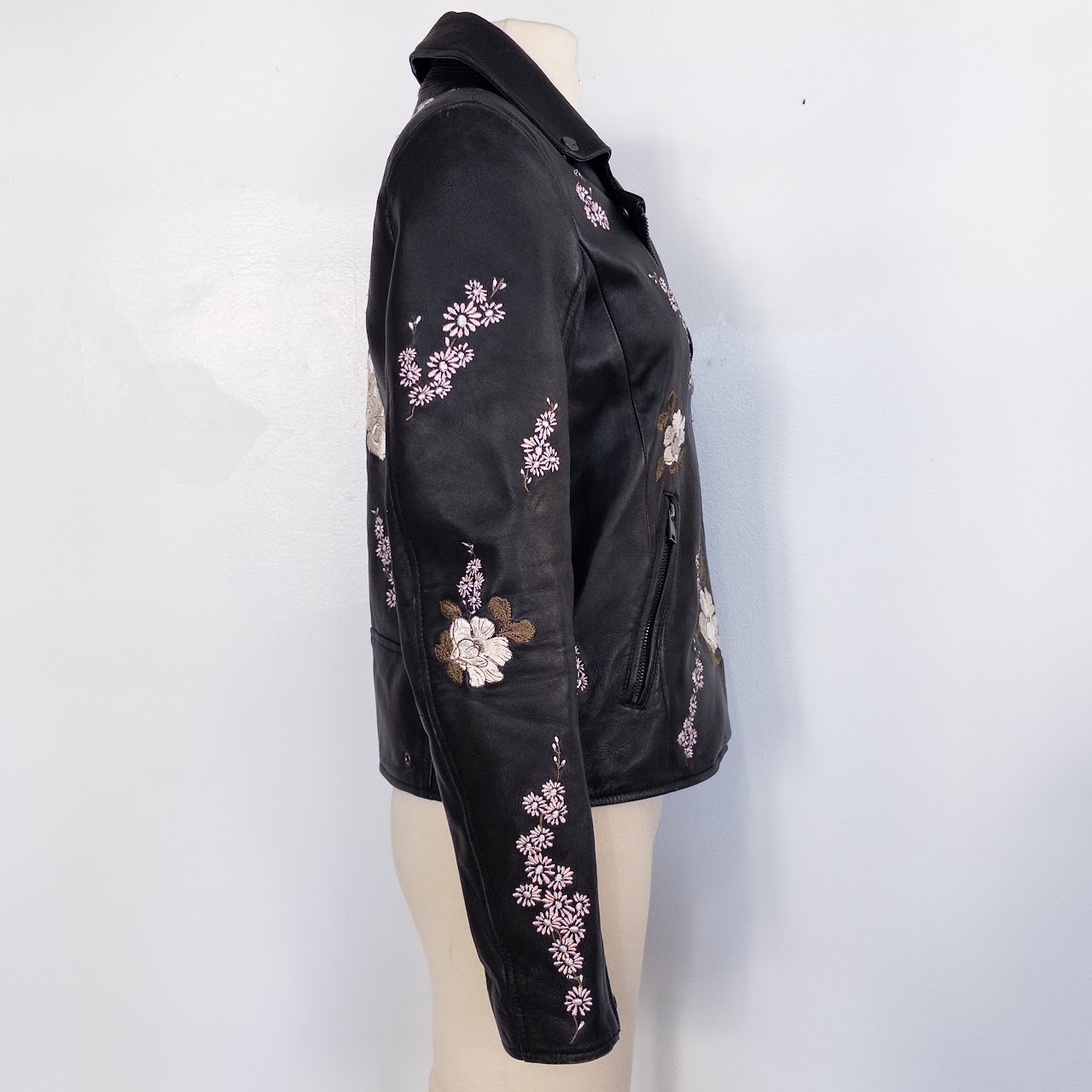 Lamarque Floral Embroidered Leather Biker Style Jacket