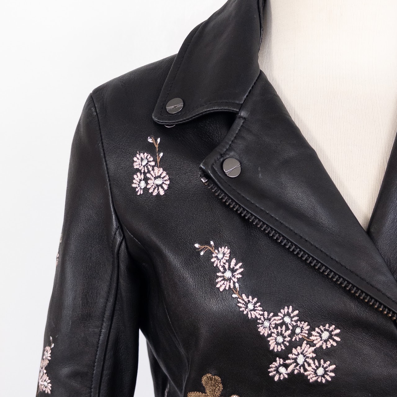 Lamarque Floral Embroidered Leather Biker Style Jacket