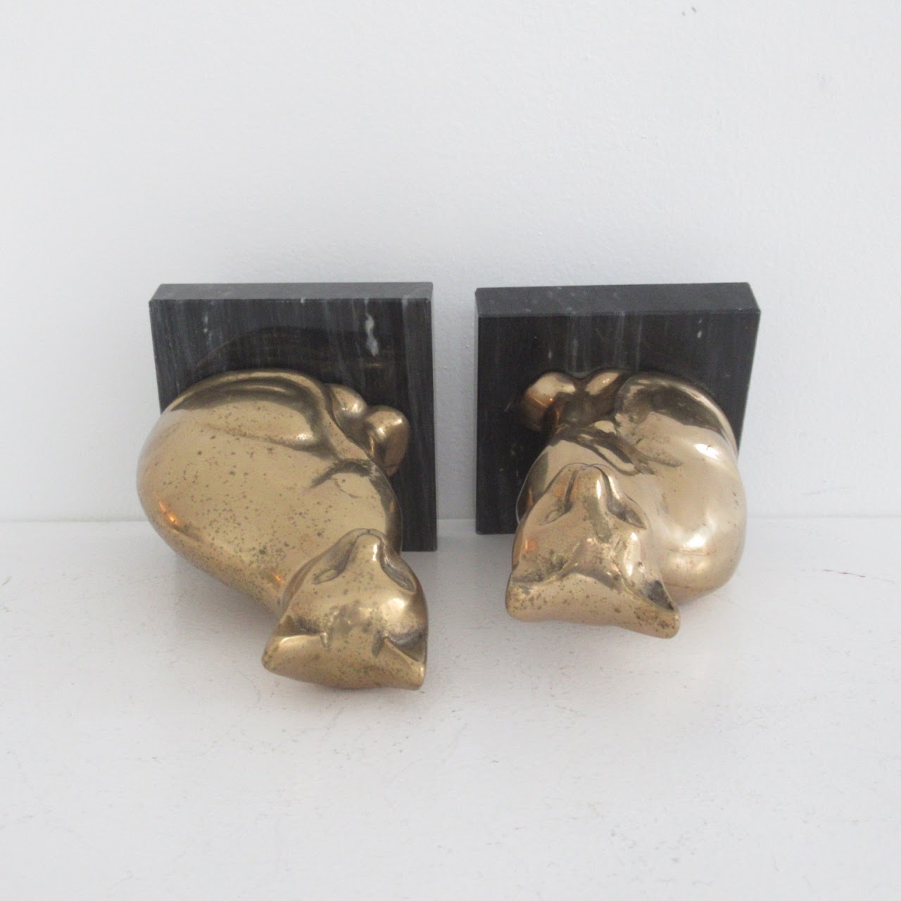 Brass Cat On Marble Base Bookends