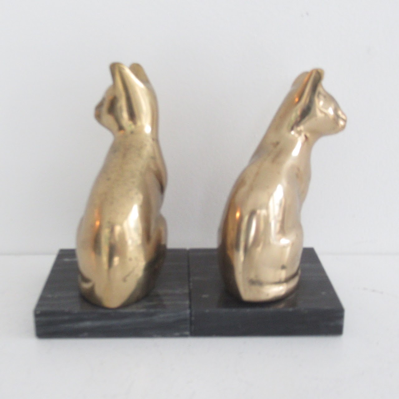 Brass Cat On Marble Base Bookends