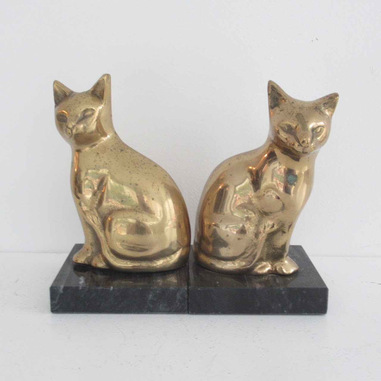 Brass Cat On Marble Base Bookends