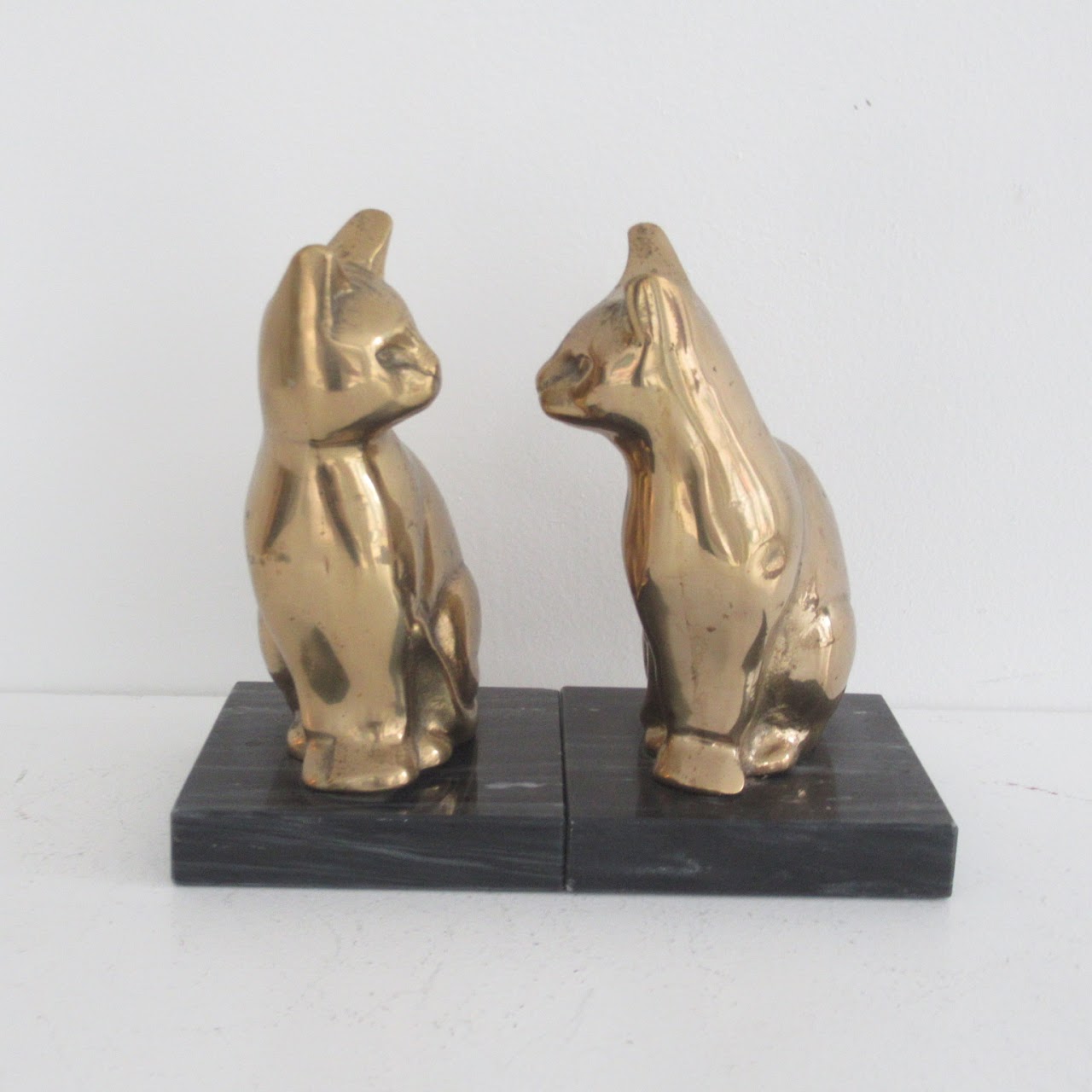 Brass Cat On Marble Base Bookends