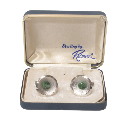 Mid-Century Sterling Silver & Green Stone Cufflinks