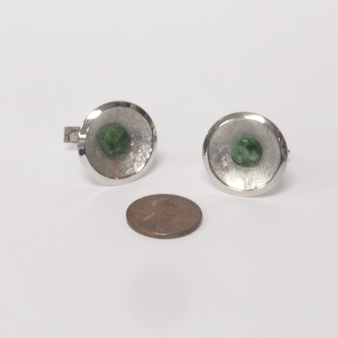 Mid-Century Sterling Silver & Green Stone Cufflinks