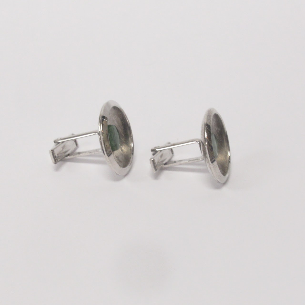 Mid-Century Sterling Silver & Green Stone Cufflinks