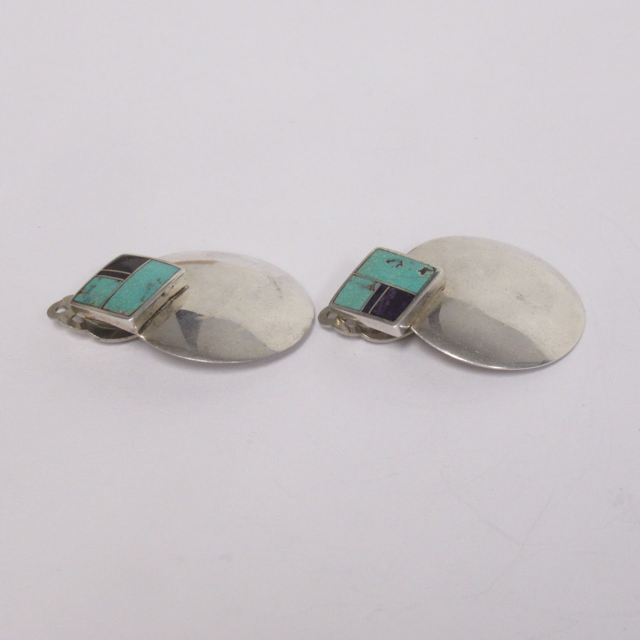 Sterling Silver & Turquoise Deco Style Clip Earrings