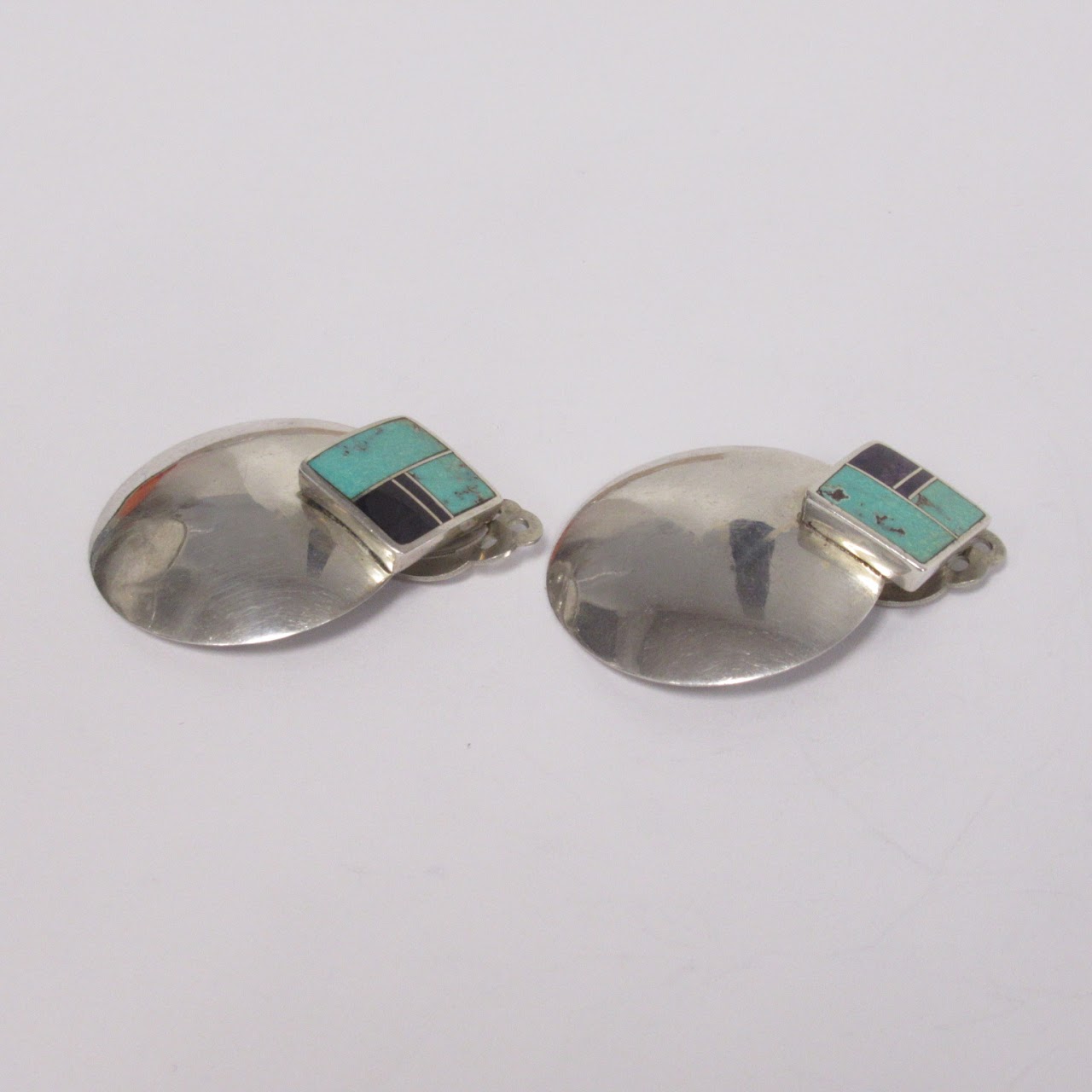 Sterling Silver & Turquoise Deco Style Clip Earrings