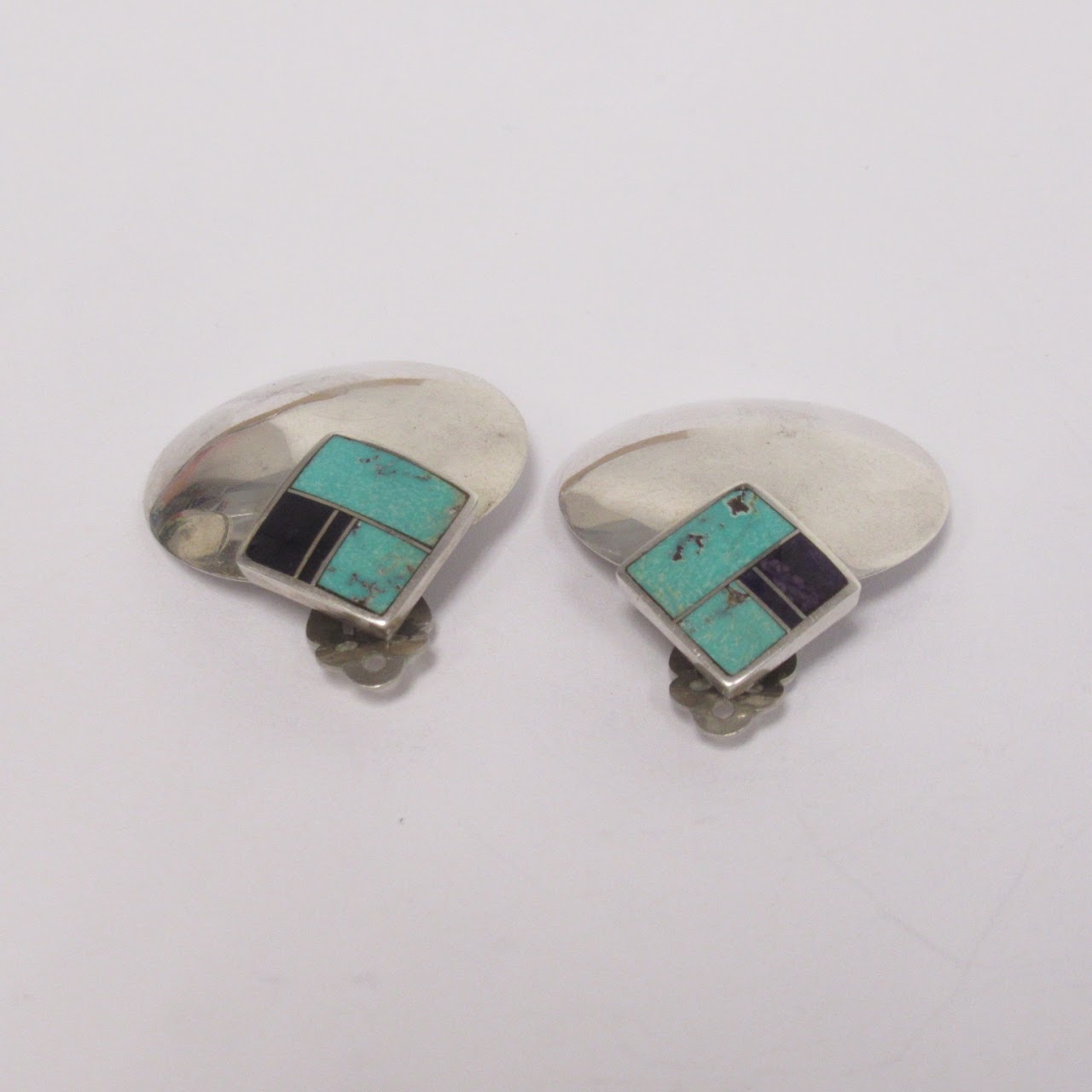 Sterling Silver & Turquoise Deco Style Clip Earrings