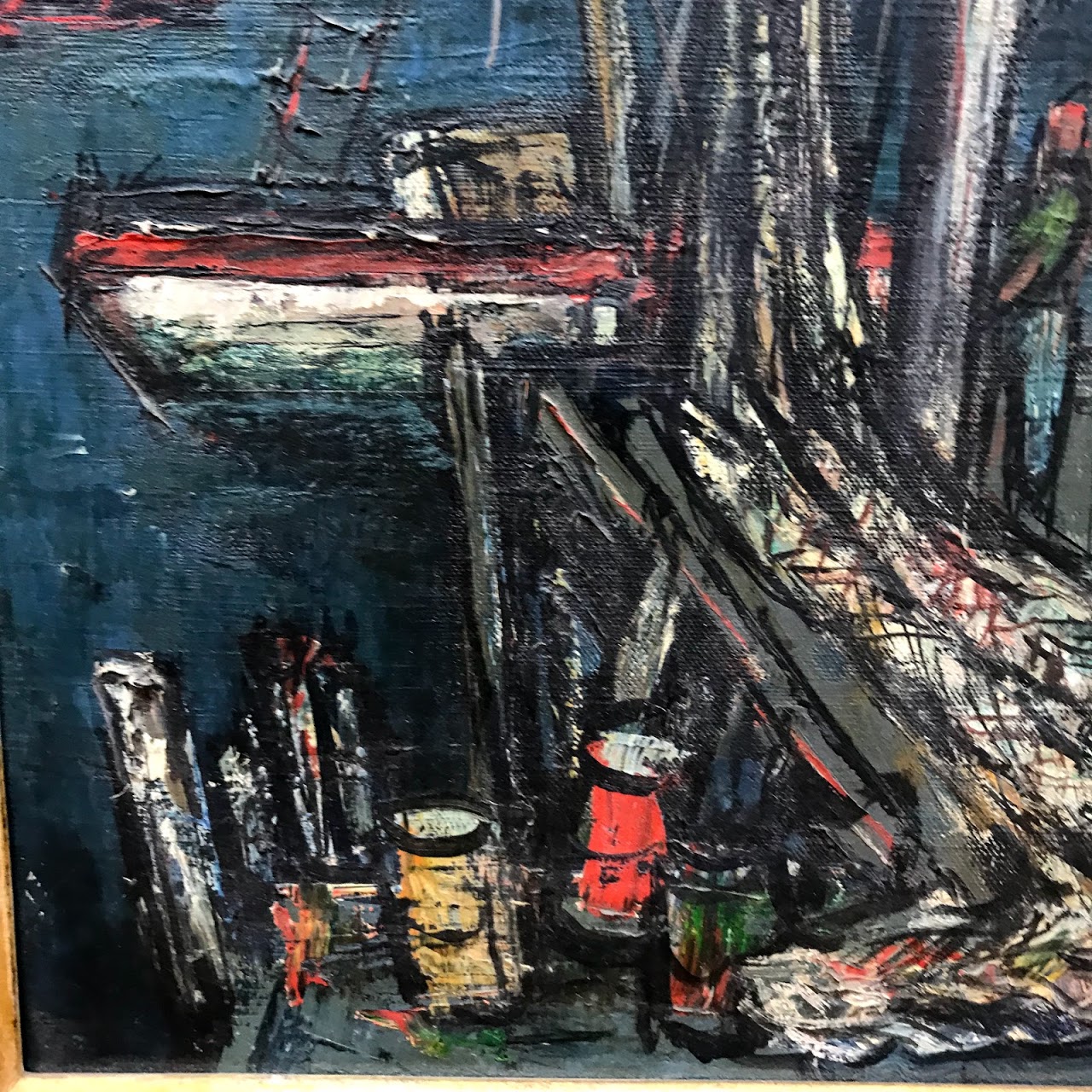 Sol Wilson Signed Mid-Century Modernist Harbor Scene Oil Painting