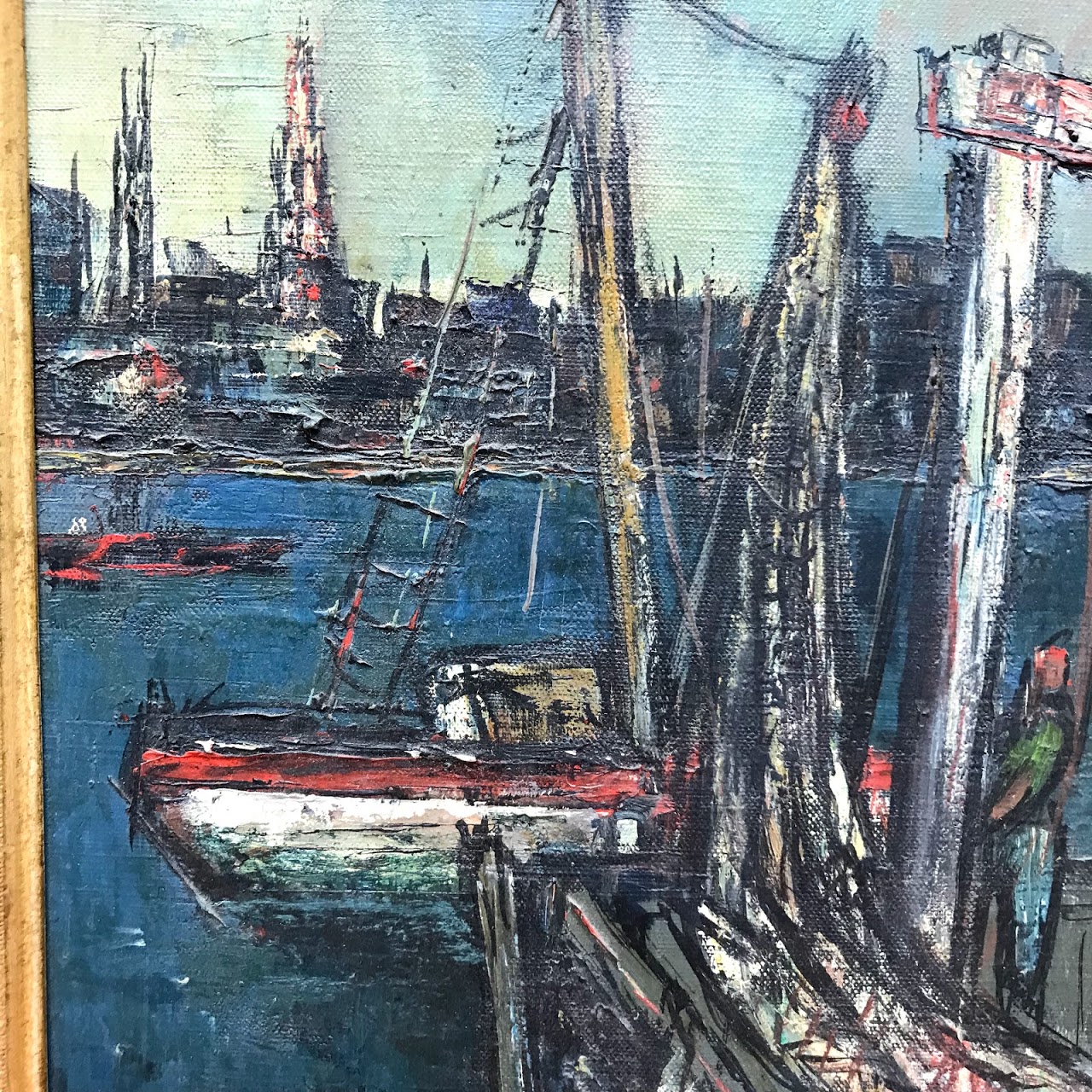 Sol Wilson Signed Mid-Century Modernist Harbor Scene Oil Painting