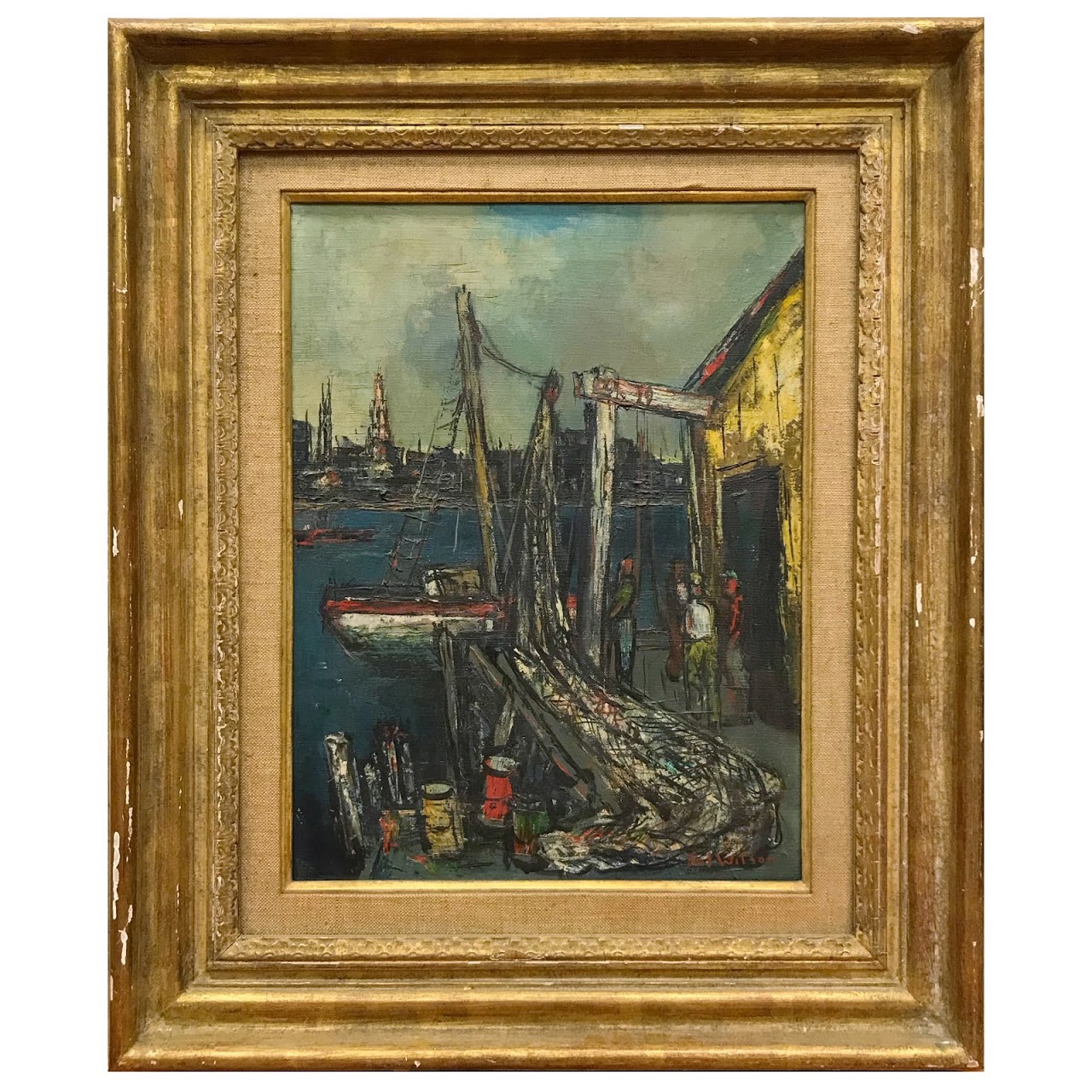 Sol Wilson Signed Mid-Century Modernist Harbor Scene Oil Painting