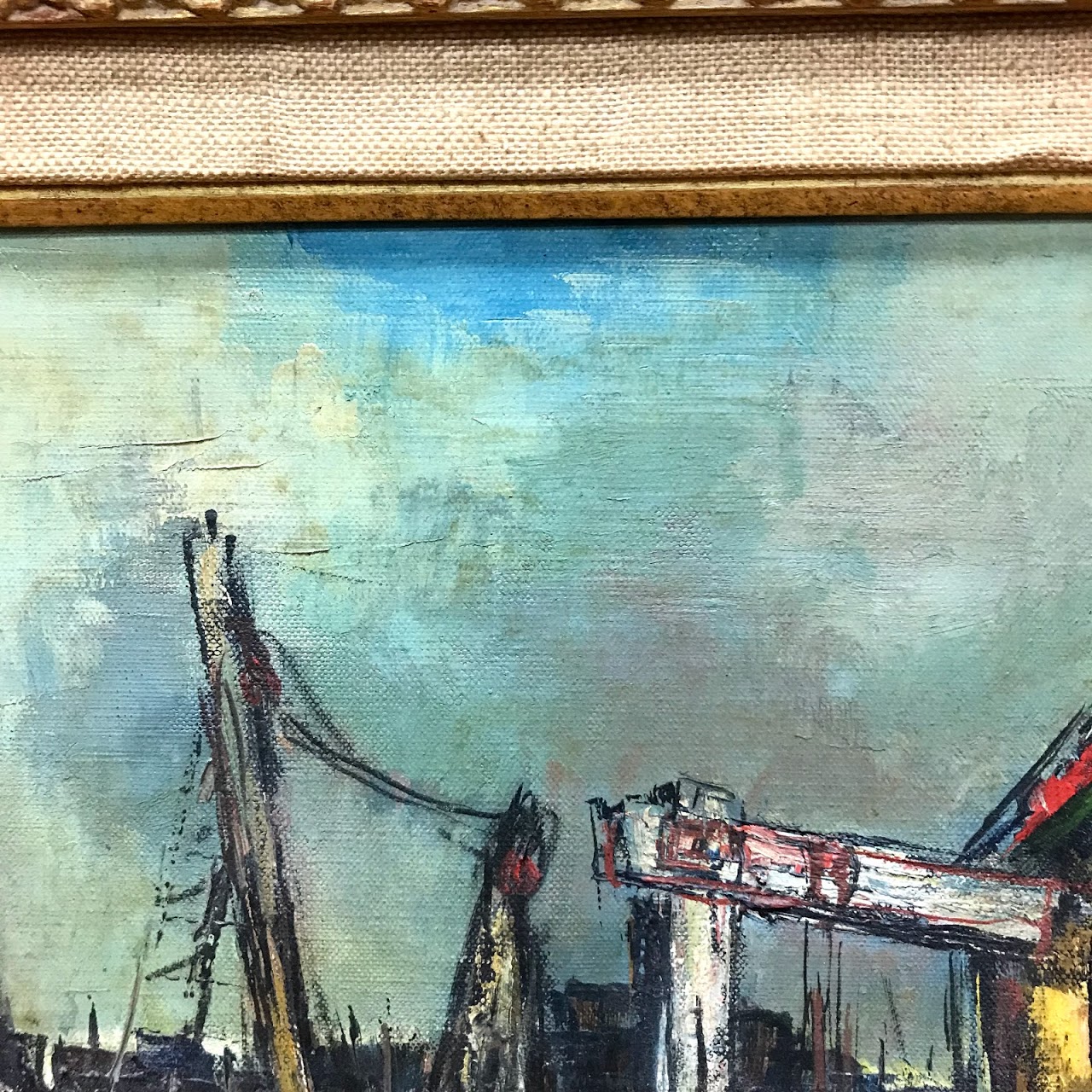 Sol Wilson Signed Mid-Century Modernist Harbor Scene Oil Painting