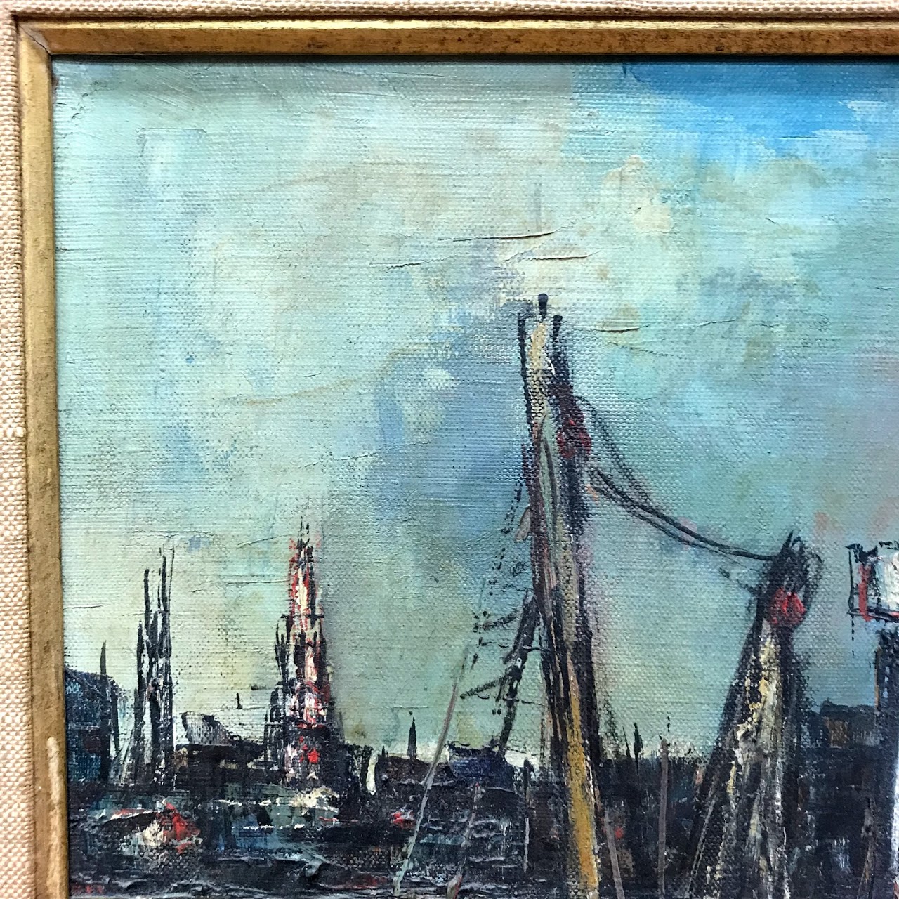 Sol Wilson Signed Mid-Century Modernist Harbor Scene Oil Painting