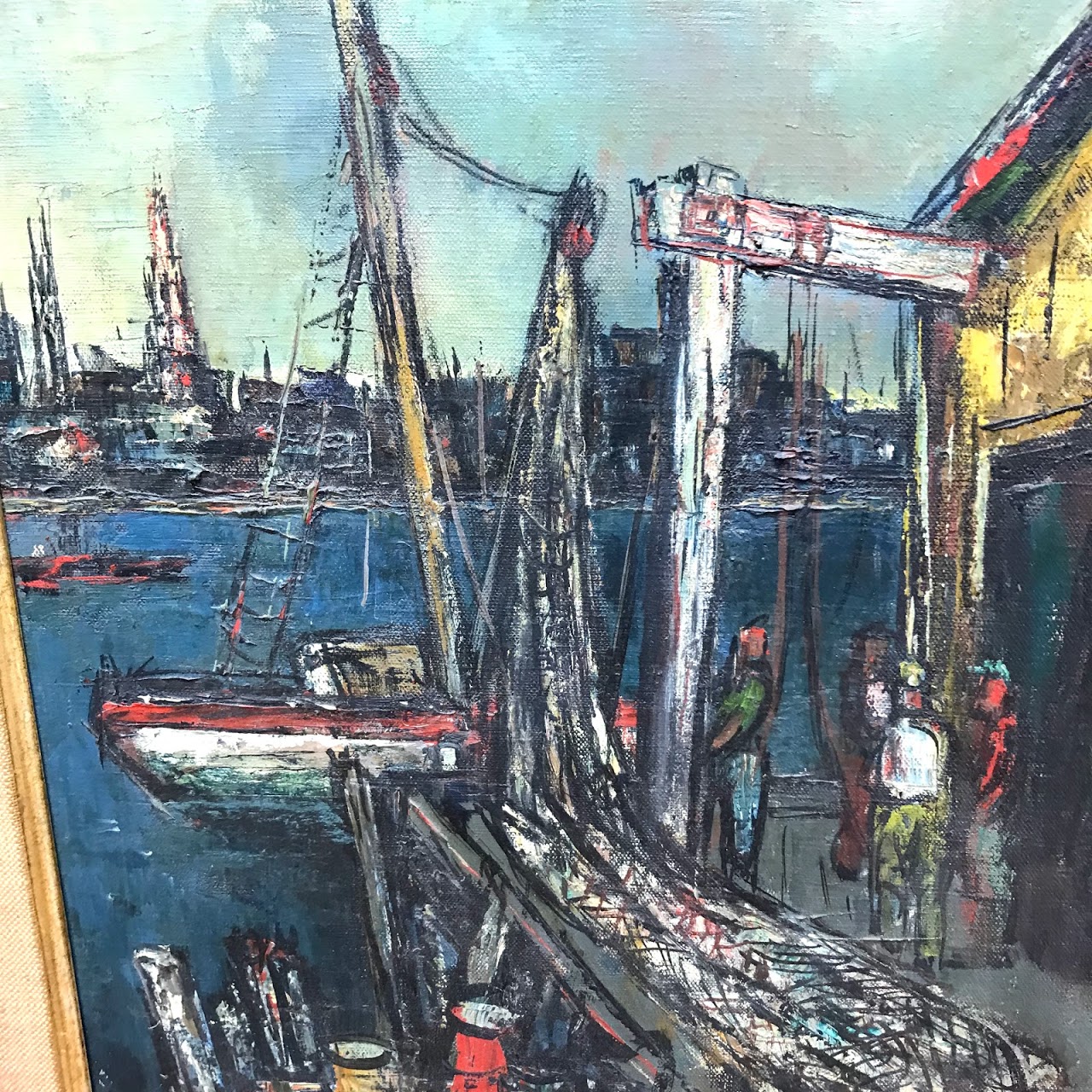 Sol Wilson Signed Mid-Century Modernist Harbor Scene Oil Painting