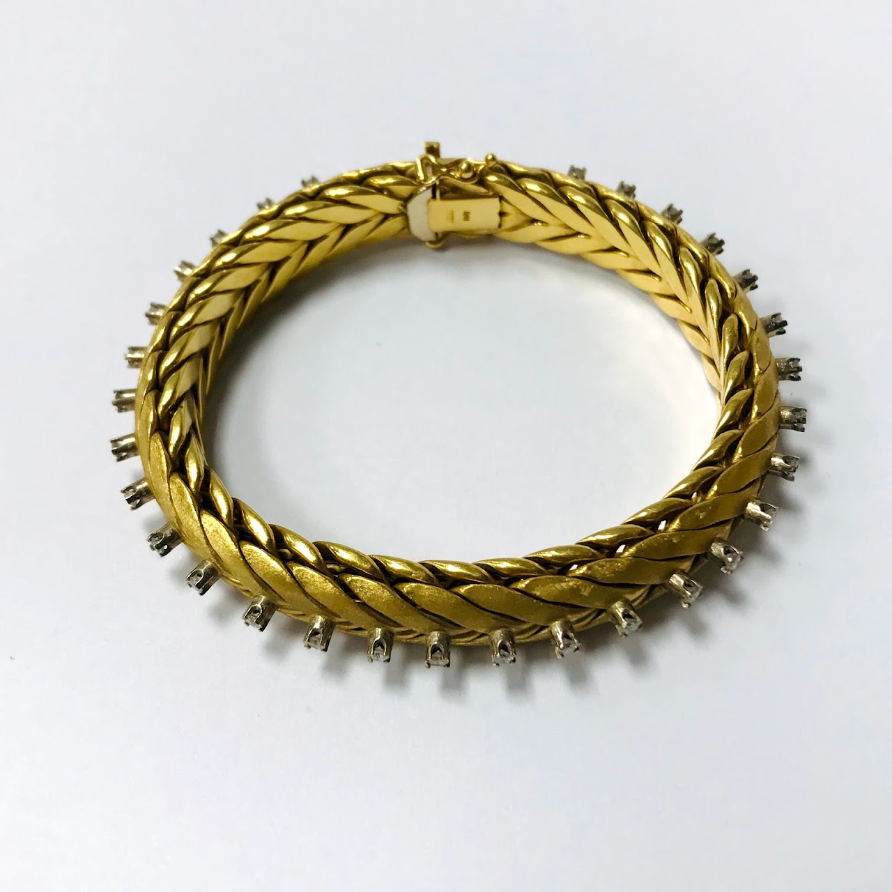 18K Gold & Diamond Herringbone Mesh Bangle