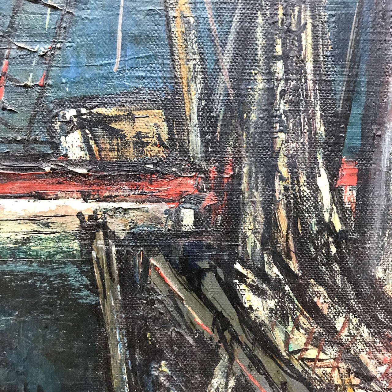 Sol Wilson Signed Mid-Century Modernist Harbor Scene Oil Painting