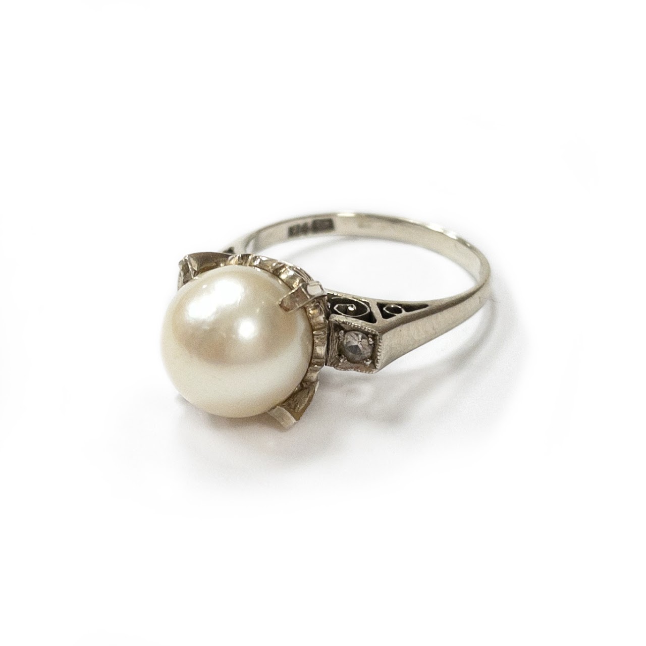 14K White Gold, Pearl & White Sapphire Ring