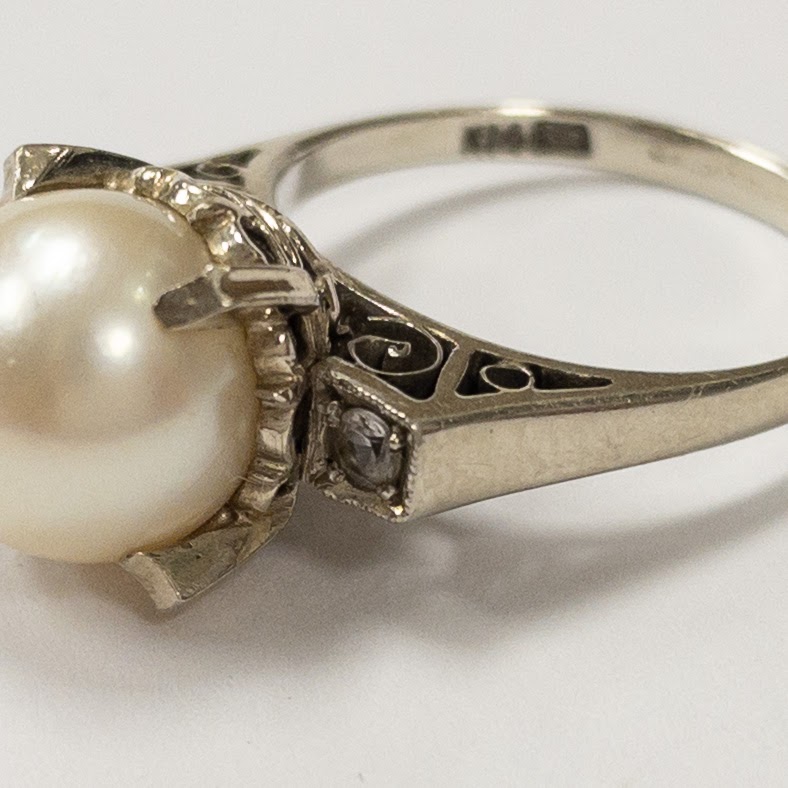 14K White Gold, Pearl & White Sapphire Ring