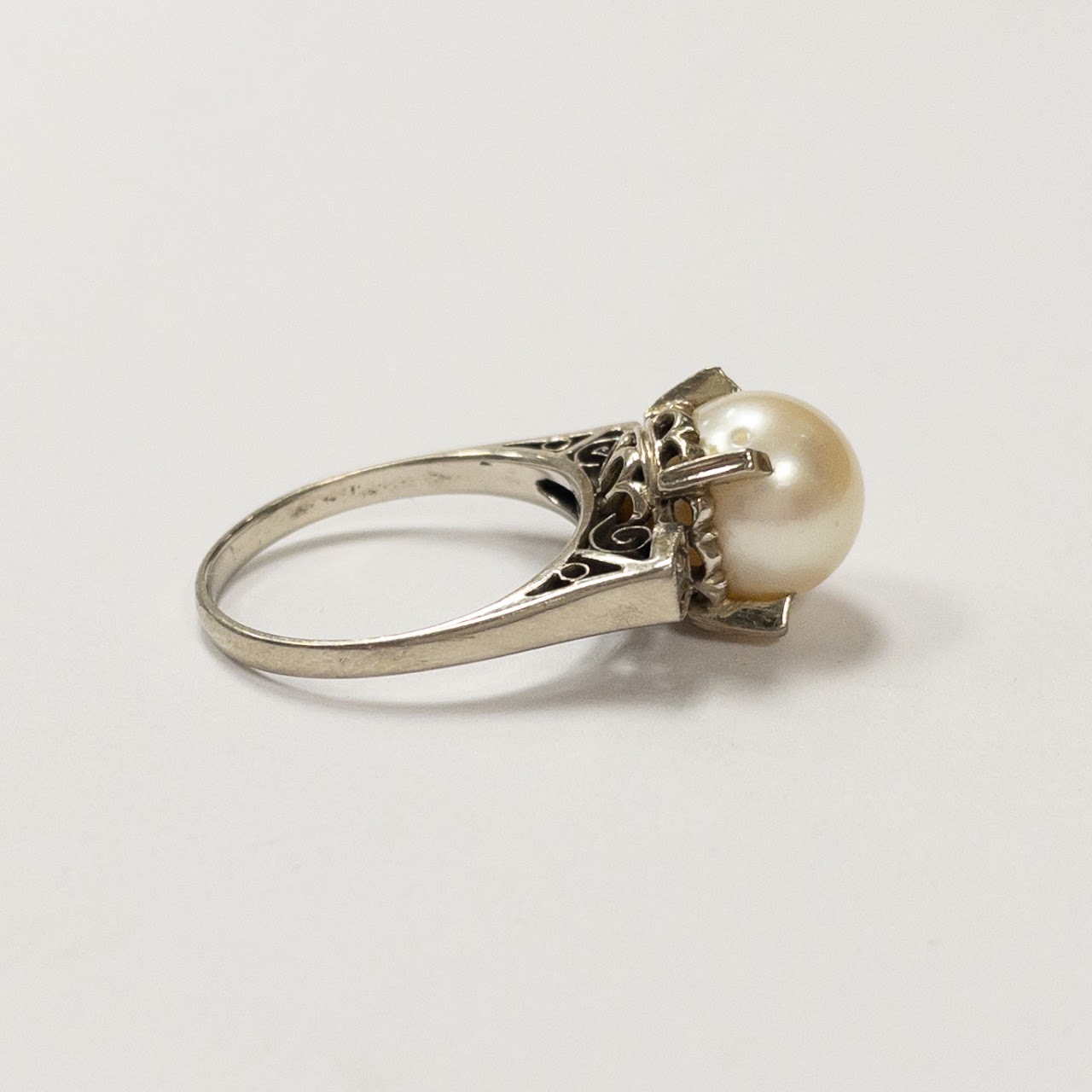 14K White Gold, Pearl & White Sapphire Ring