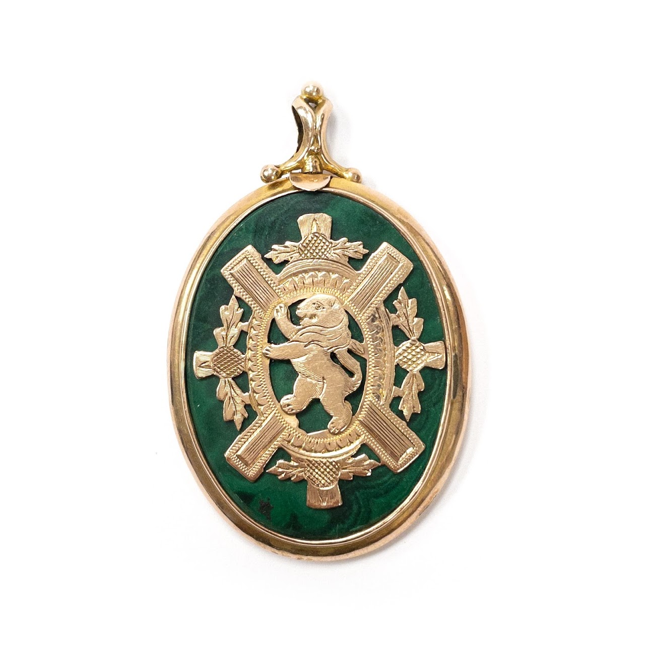 14K Gold & Malachite Heraldic Medallion Pendant