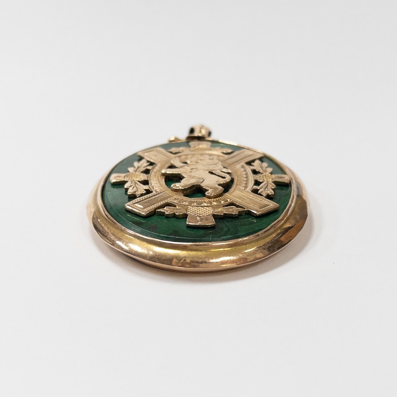 14K Gold & Malachite Heraldic Medallion Pendant