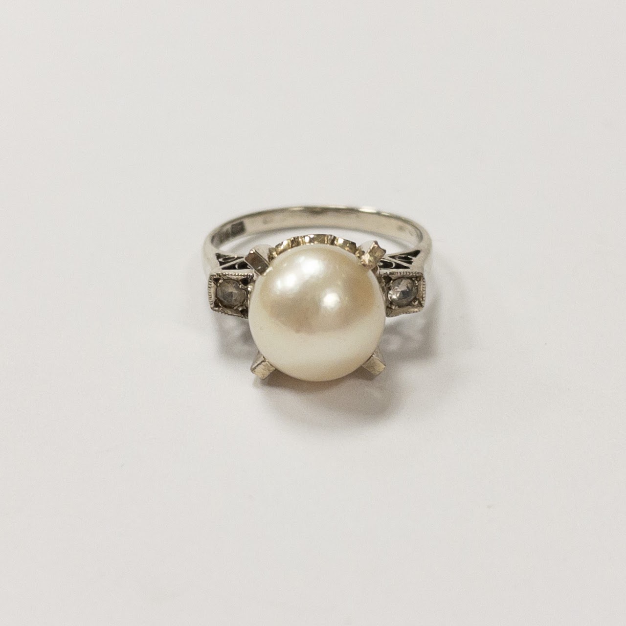 14K White Gold, Pearl & White Sapphire Ring