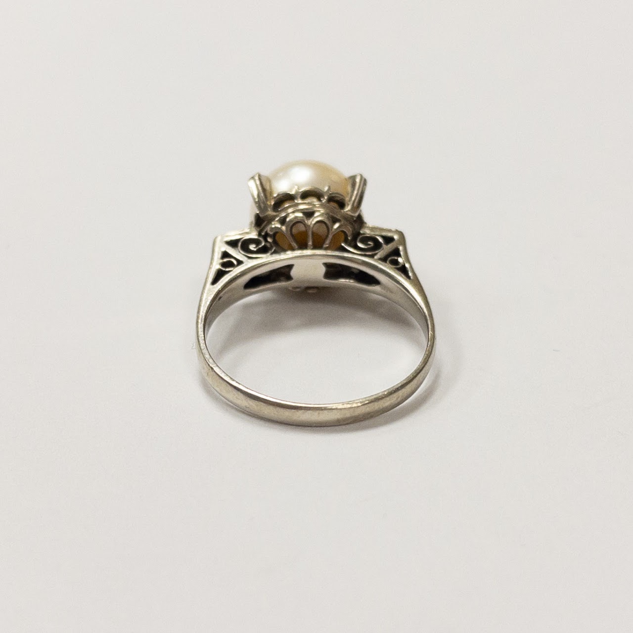 14K White Gold, Pearl & White Sapphire Ring