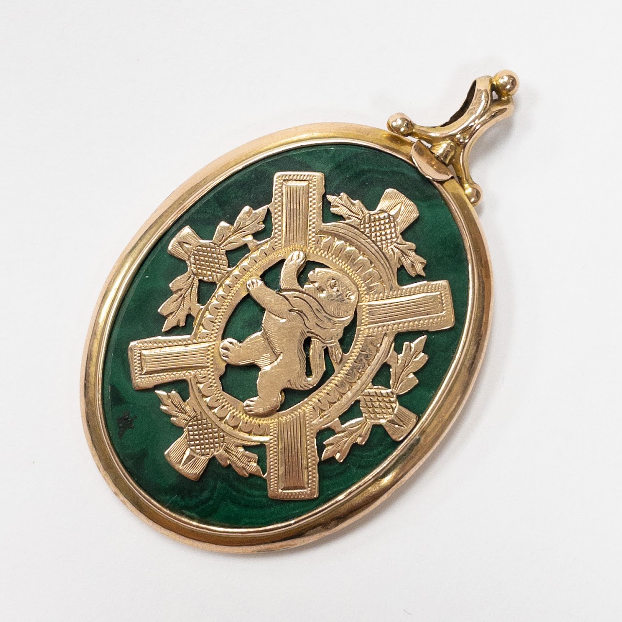 14K Gold & Malachite Heraldic Medallion Pendant