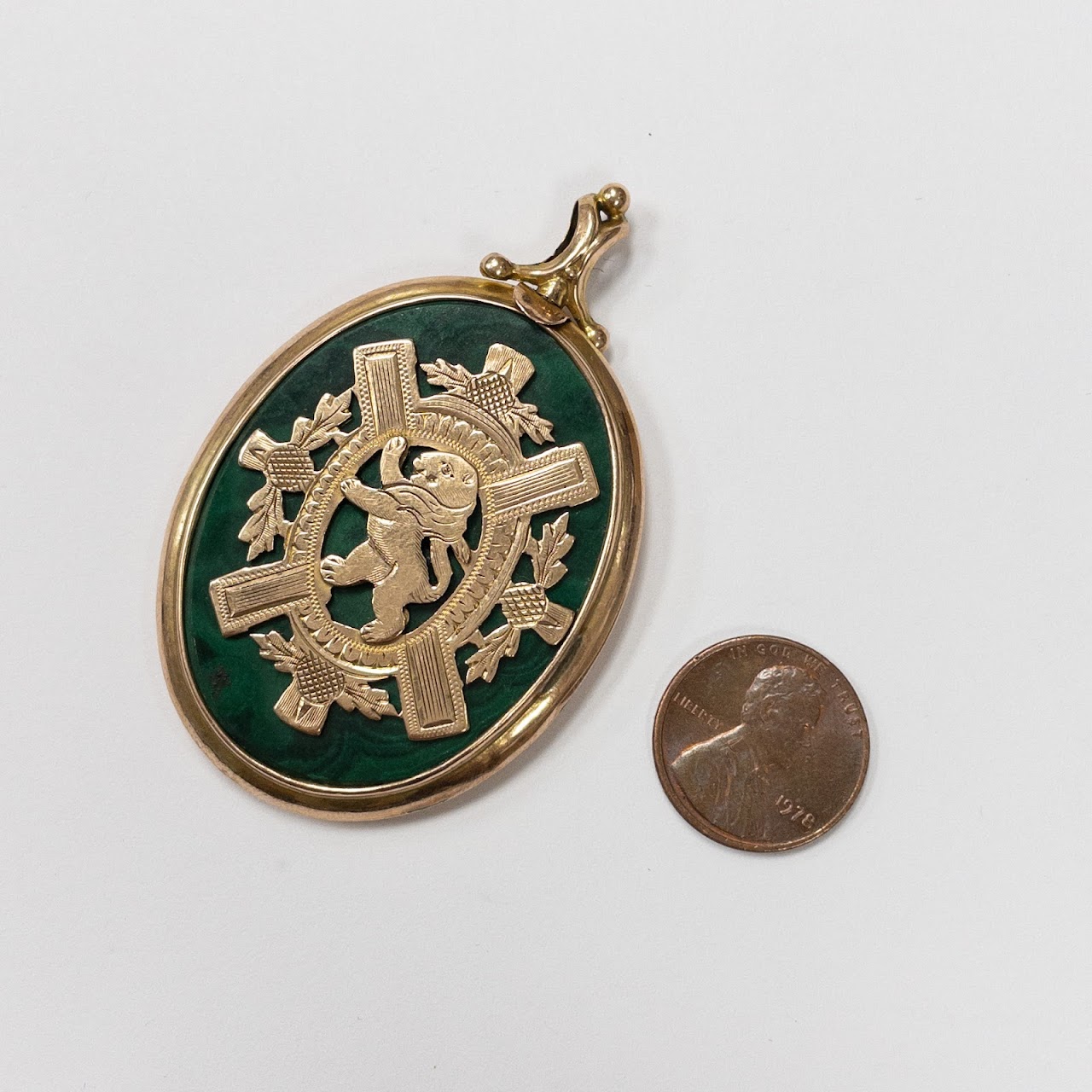 14K Gold & Malachite Heraldic Medallion Pendant