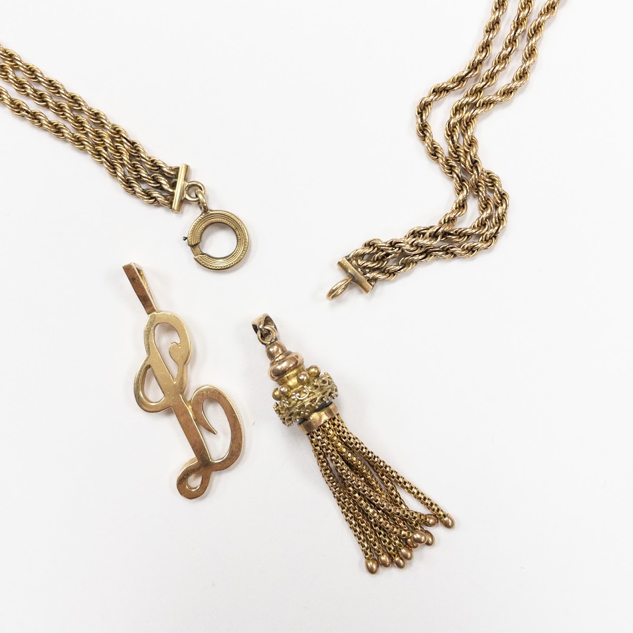 14K Gold Victorian Watch Chain with Dual Fobs