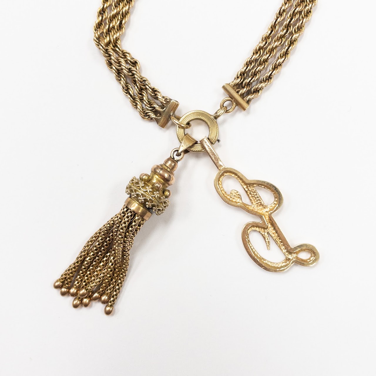 14K Gold Victorian Watch Chain with Dual Fobs