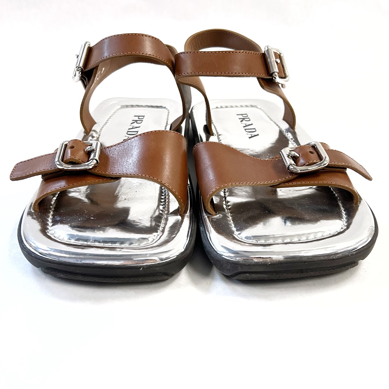 Prada Flat Metallic Buckle Strap Sandals