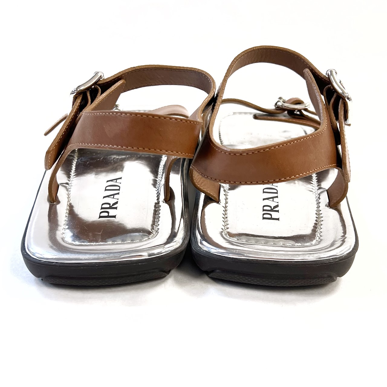 Prada Flat Metallic Buckle Strap Sandals