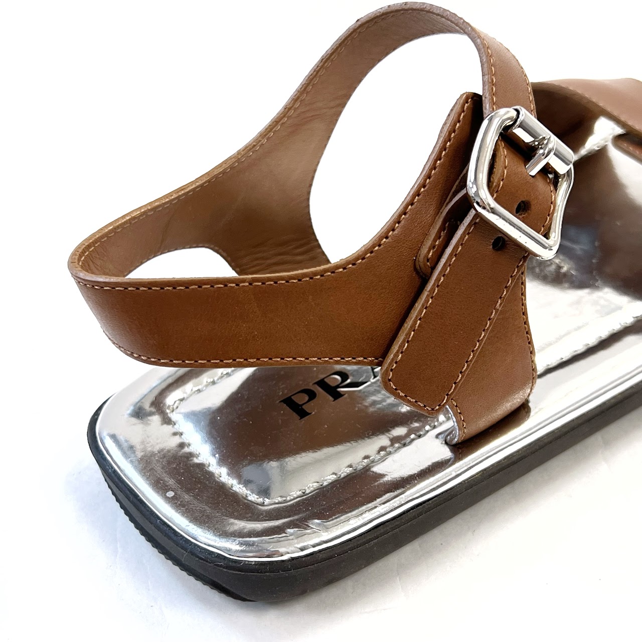 Prada Flat Metallic Buckle Strap Sandals