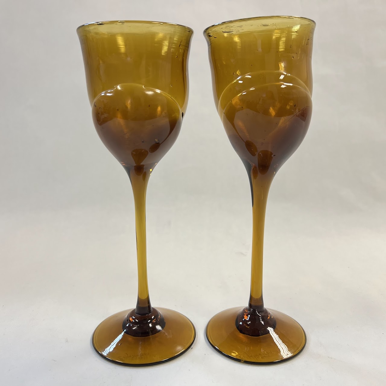 Jim Engebretson Art Glass Wine Goblet Pair