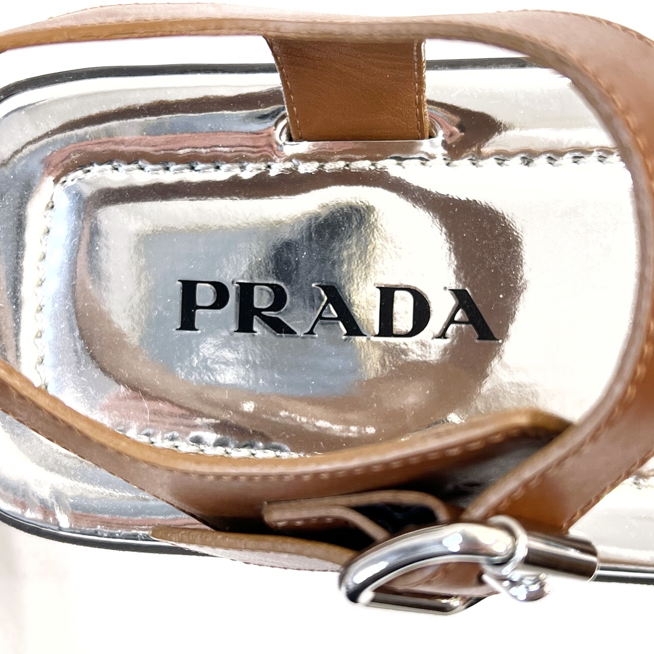 Prada Flat Metallic Buckle Strap Sandals