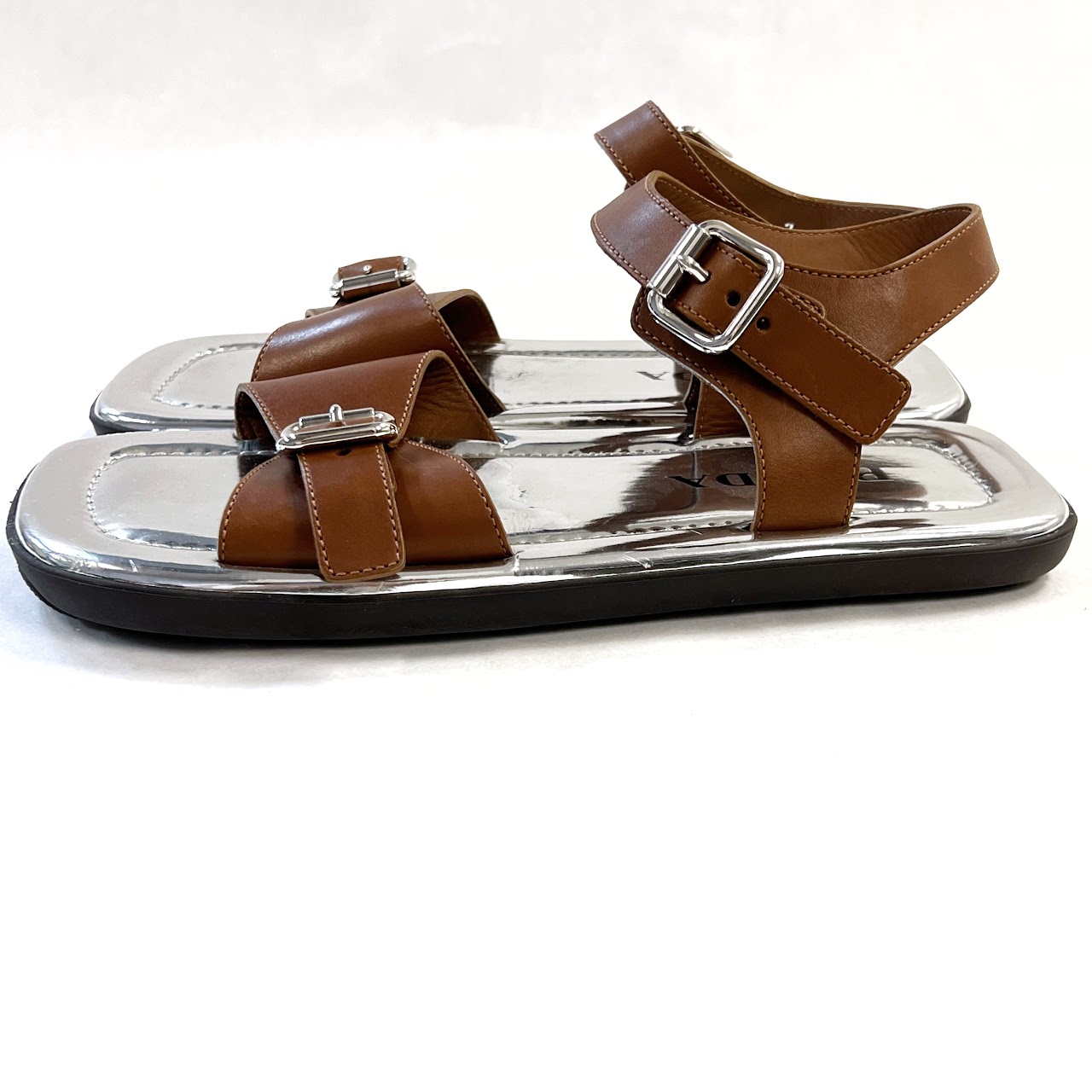 Prada Flat Metallic Buckle Strap Sandals