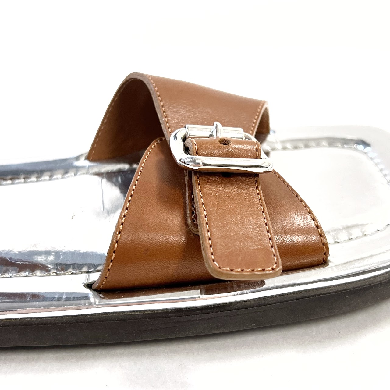 Prada Flat Metallic Buckle Strap Sandals