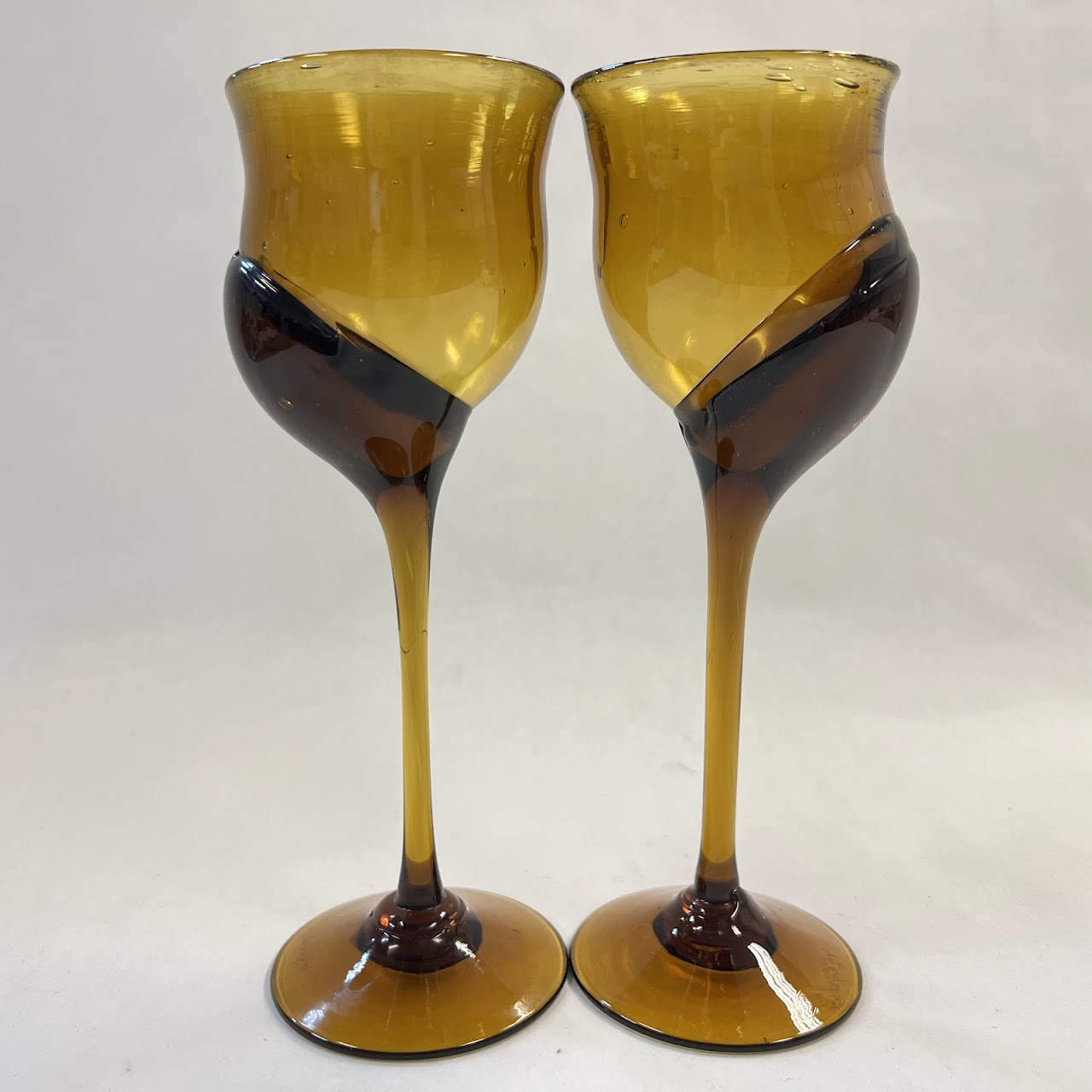 Jim Engebretson Art Glass Wine Goblet Pair