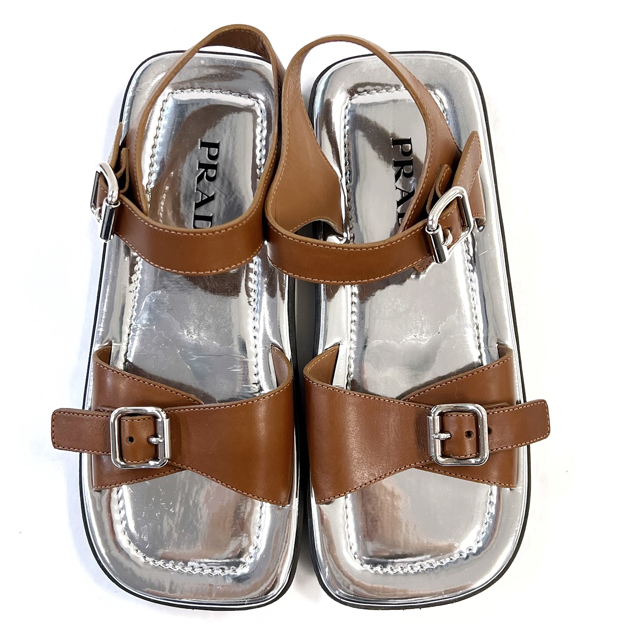 Prada Flat Metallic Buckle Strap Sandals