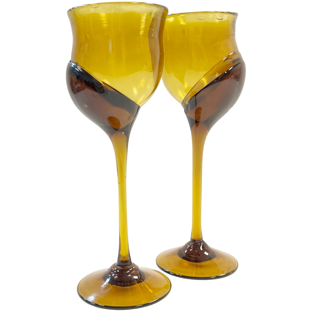 Jim Engebretson Art Glass Wine Goblet Pair