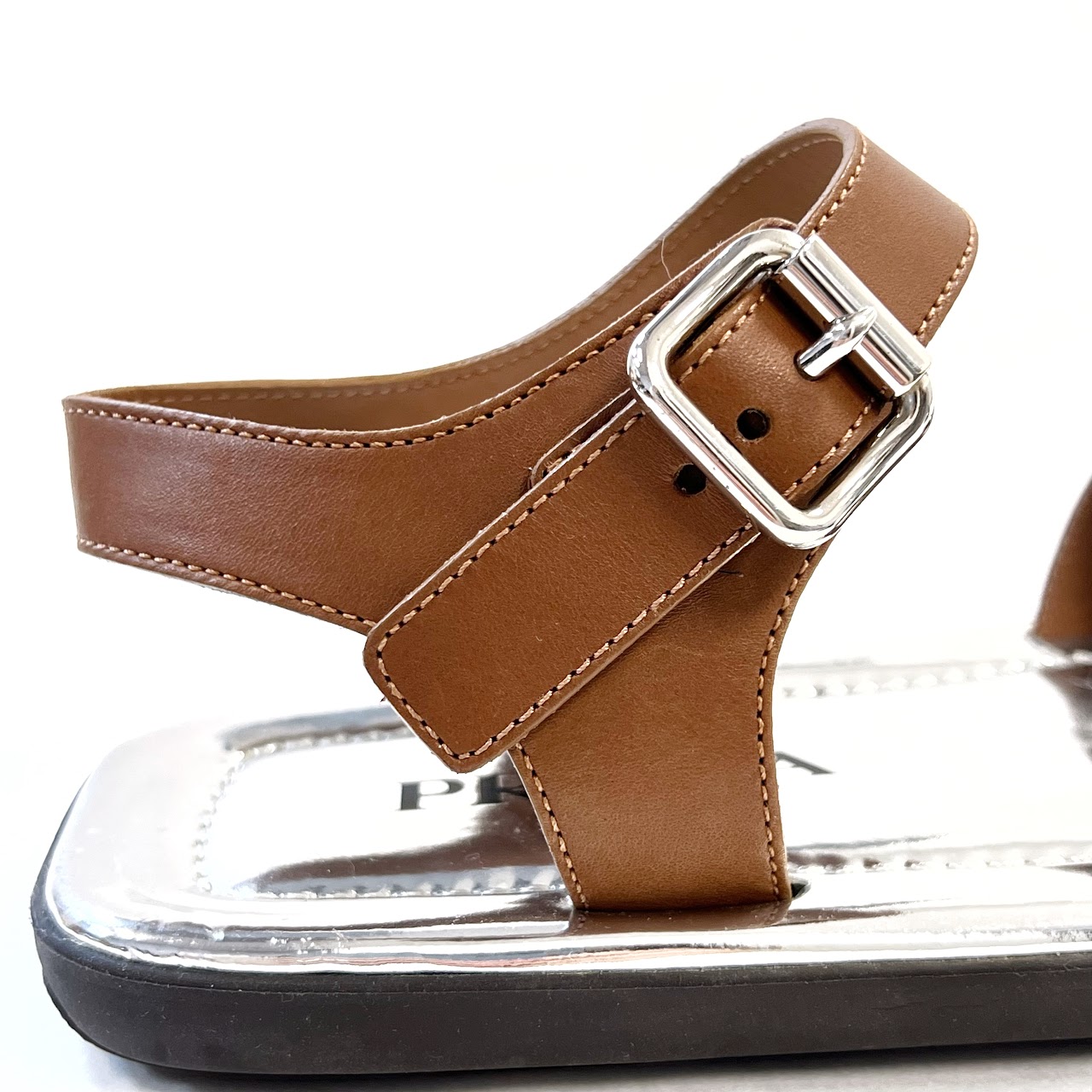 Prada Flat Metallic Buckle Strap Sandals