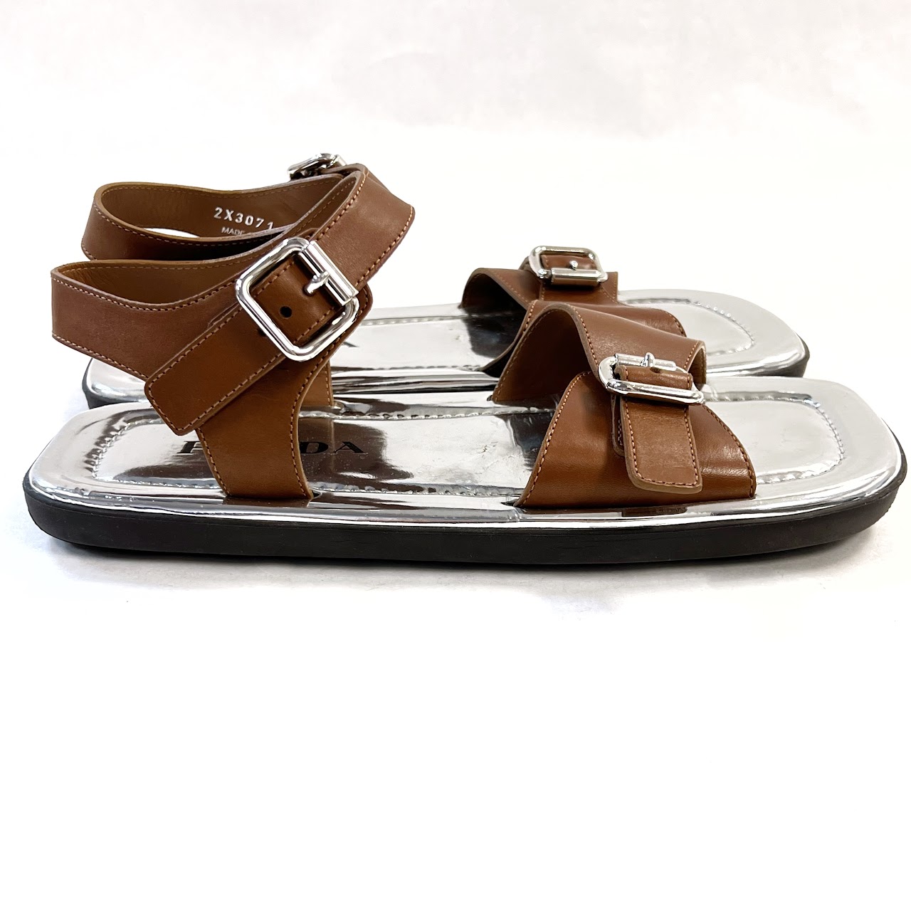 Prada Flat Metallic Buckle Strap Sandals