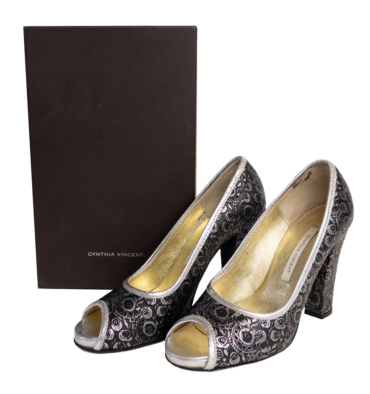 Cynthia Vincent Silver and Black Embossed Leather Peep Toe Pumps