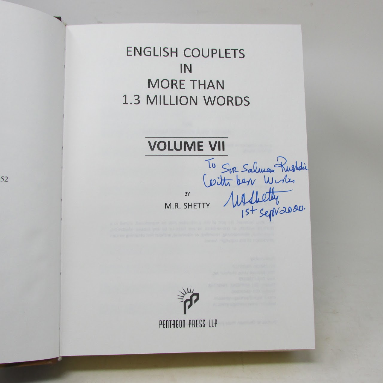 M.R. Shetty: 'English Couplets...' with Handwritten Dedication to Salman Rushdie